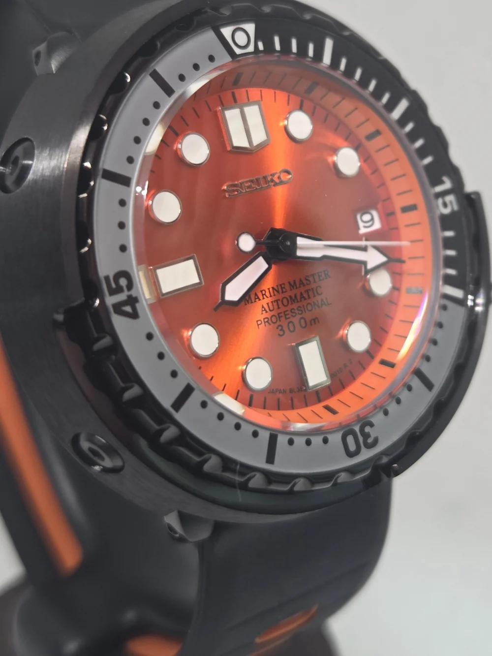Custom 47mm Automatic Seiko Mod Watch NH35 Black and Orange Tuna Canned Diver